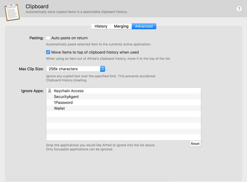 Alfred Advanced settings for clipboard manager