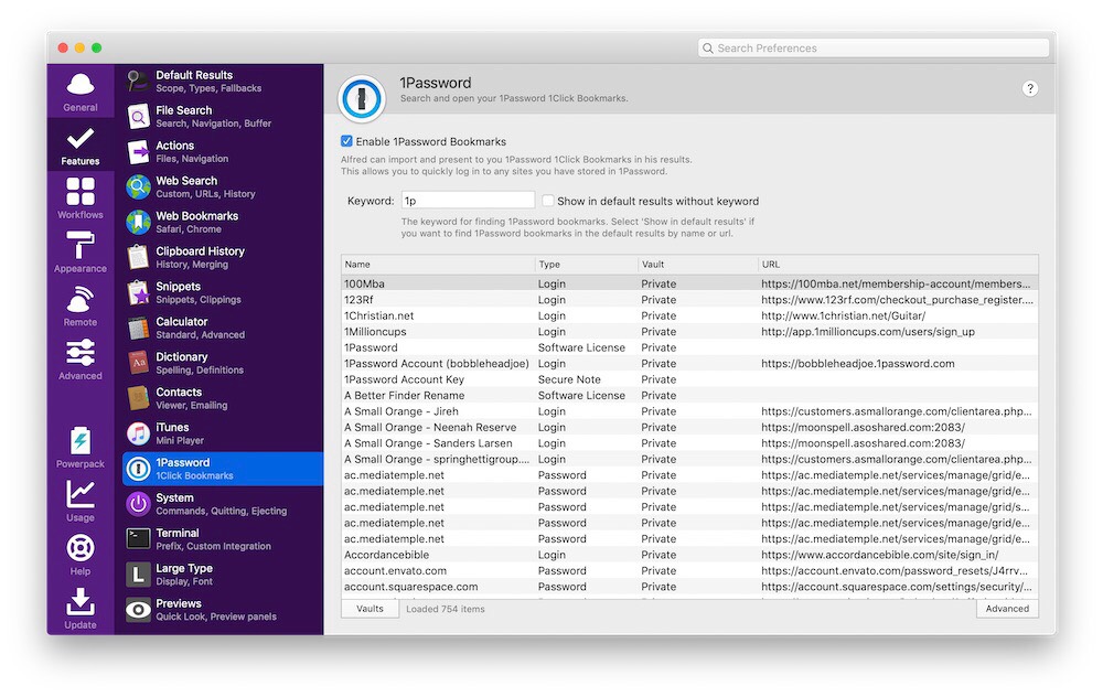 Alfred 1Password integration